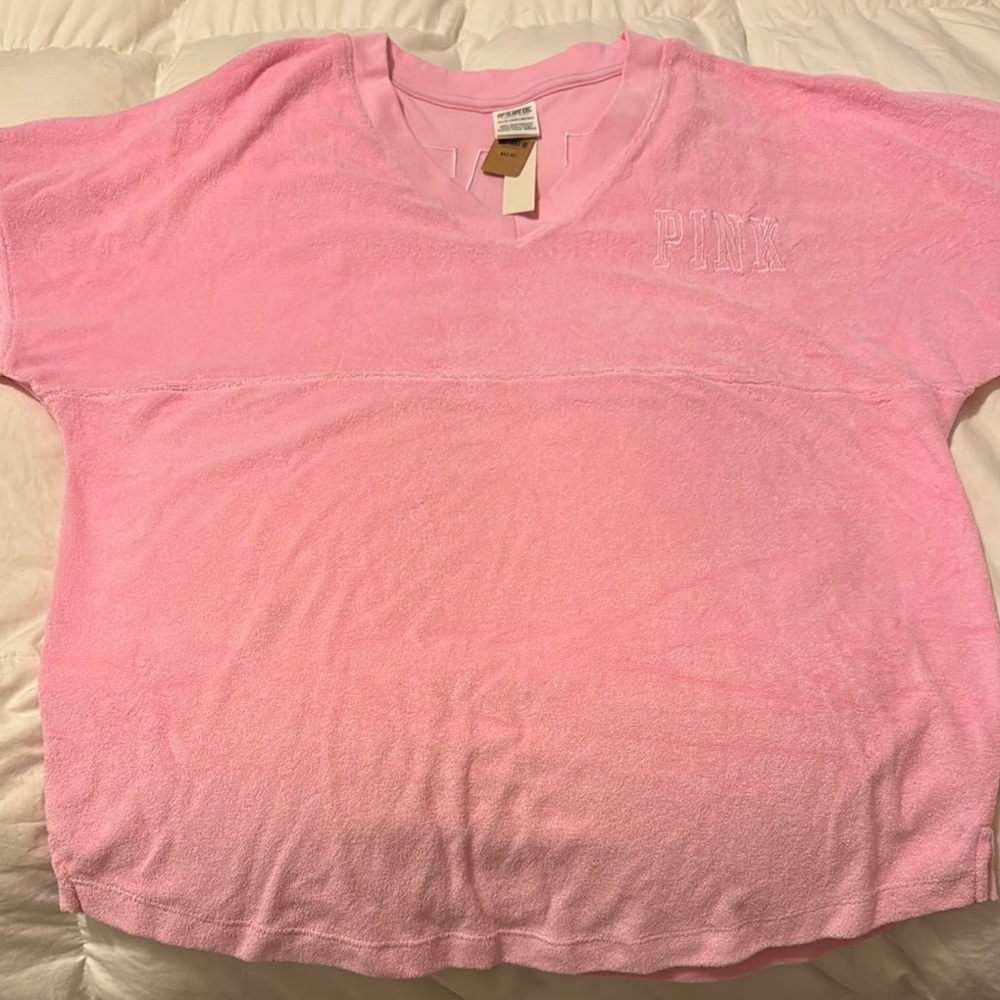NWT Pink V-Neck Terry Cloth Long Sleeve Tee